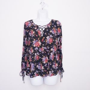 American Eagle Women's Floral Top Black Medium blouse Cute Shirt